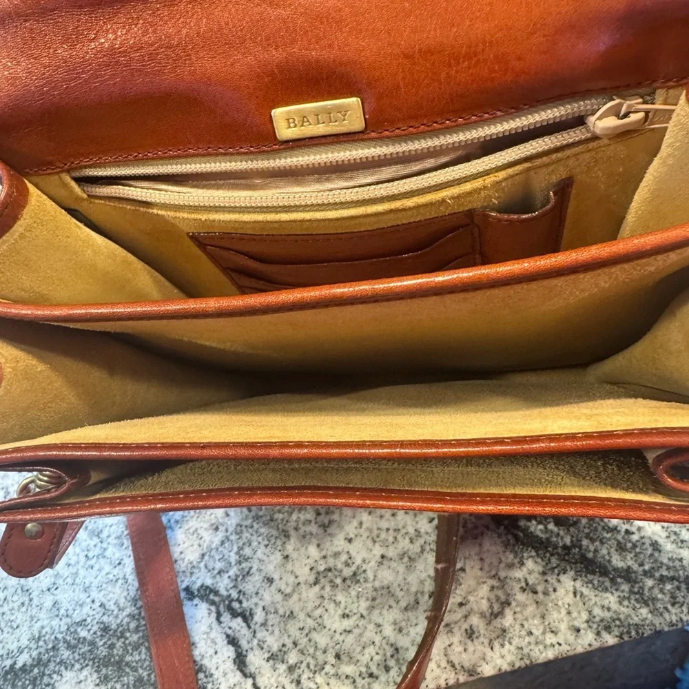 Bally Cognac Leather Document Bag with Gold Lock
